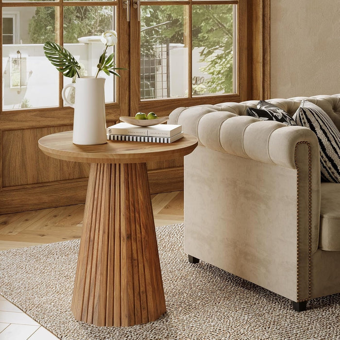 19" End Table, Solid Wood Round Pedestal Side Table with Fluted Base#Color_Rustic Brown