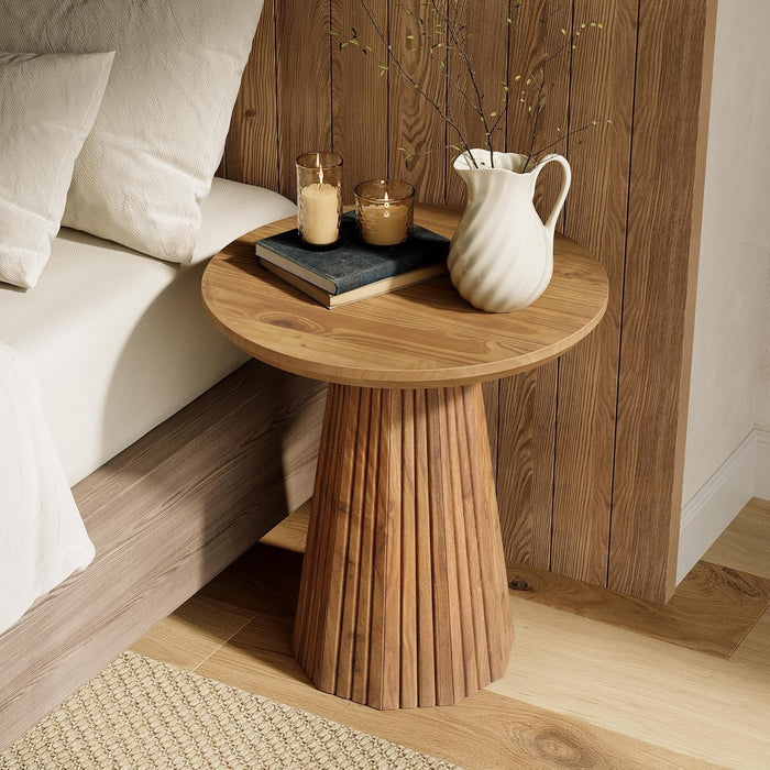 Fluted pedestal side table serves as a bedside table.#Color_Rustic Brown