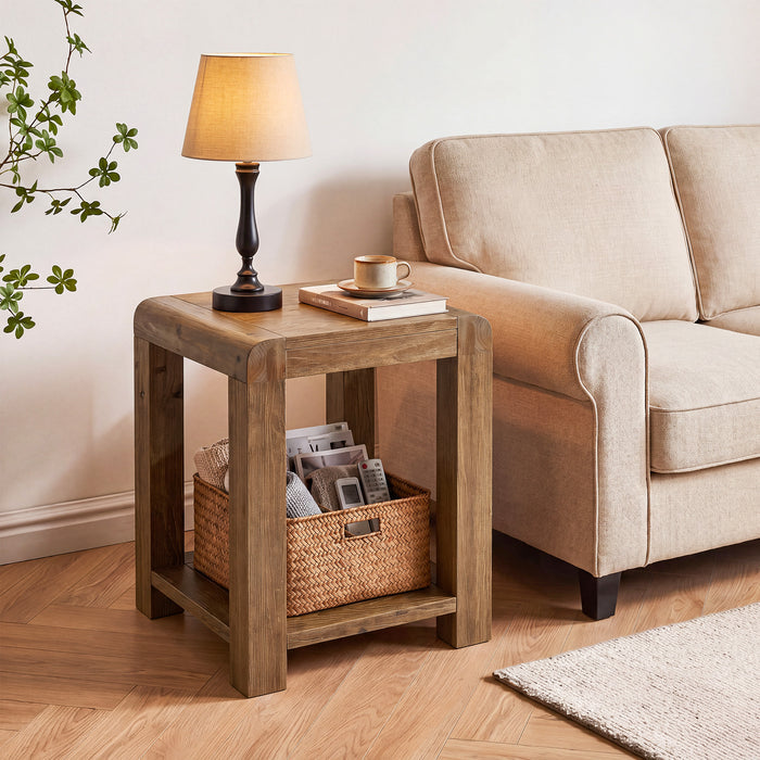 19.7" Solid Wood End Table, Square Side Table with 2-Tier Storage Shelf for Small Spaces
