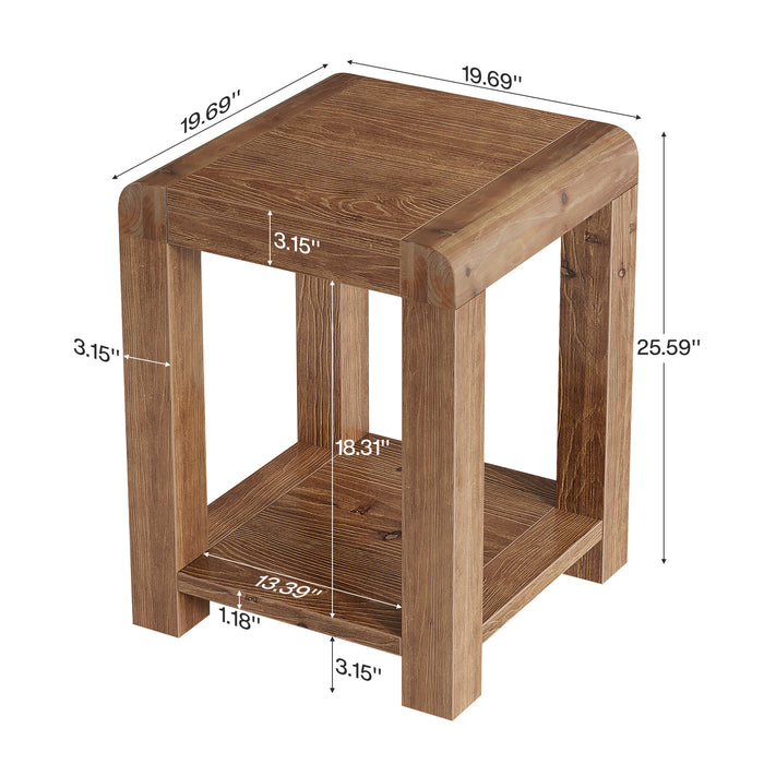 19.7" Solid Wood End Table, Square Side Table with 2-Tier Storage Shelf for Small Spaces