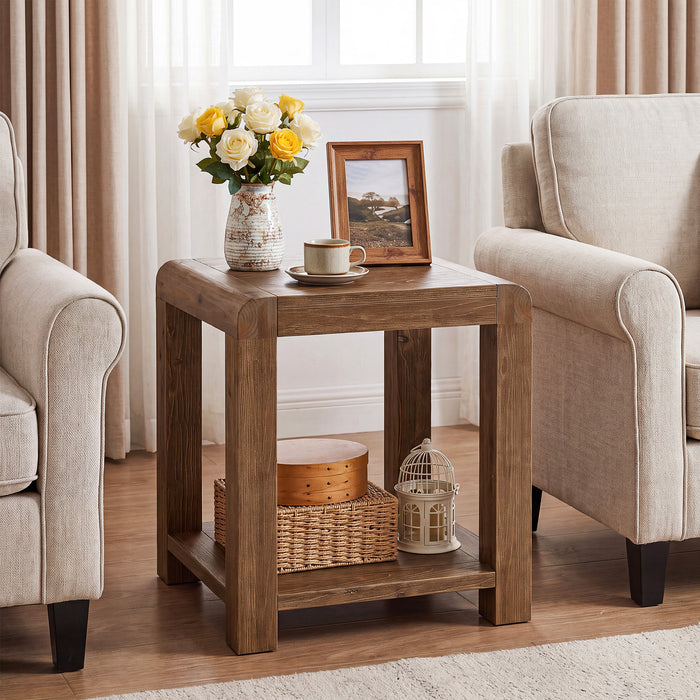 19.7" Solid Wood End Table, Square Side Table with 2-Tier Storage Shelf for Small Spaces