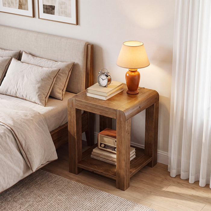 19.7" Solid Wood End Table, Square Side Table with 2-Tier Storage Shelf for Small Spaces