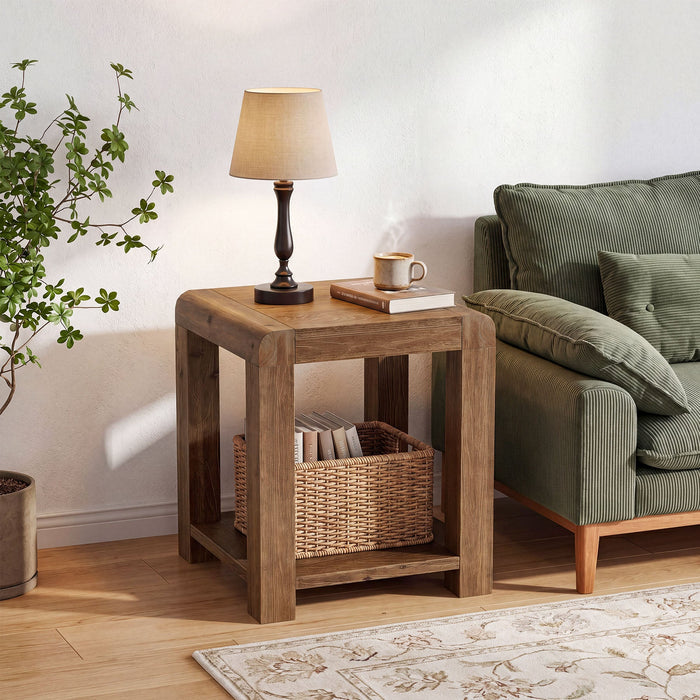 19.7" Solid Wood End Table, Square Side Table with 2-Tier Storage Shelf for Small Spaces