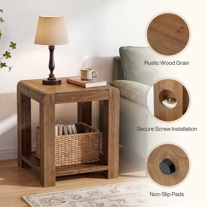 19.7" Solid Wood End Table, Square Side Table with 2-Tier Storage Shelf for Small Spaces