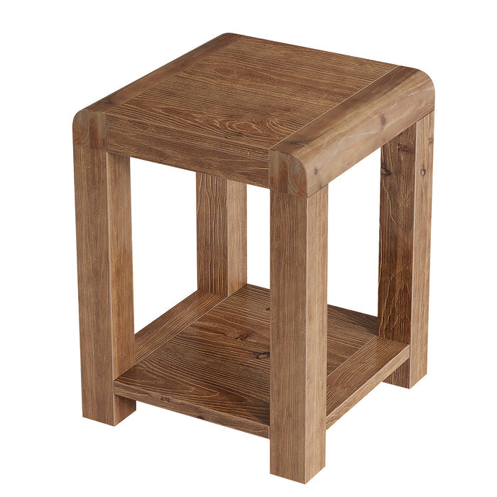 19.7" Solid Wood End Table, Square Side Table with 2-Tier Storage Shelf for Small Spaces