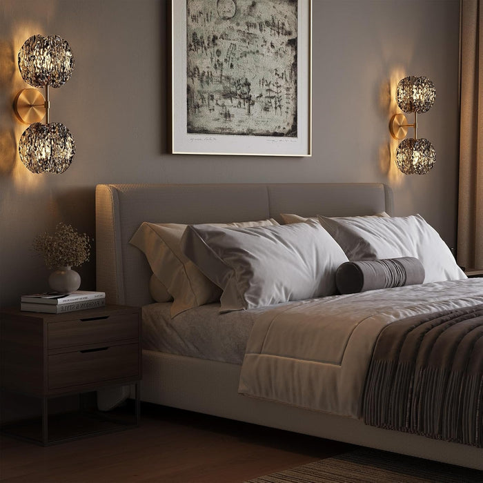2-Light Crystal Wall Sconce,Vanity Wall Light with Textured Smoke Glass Shade