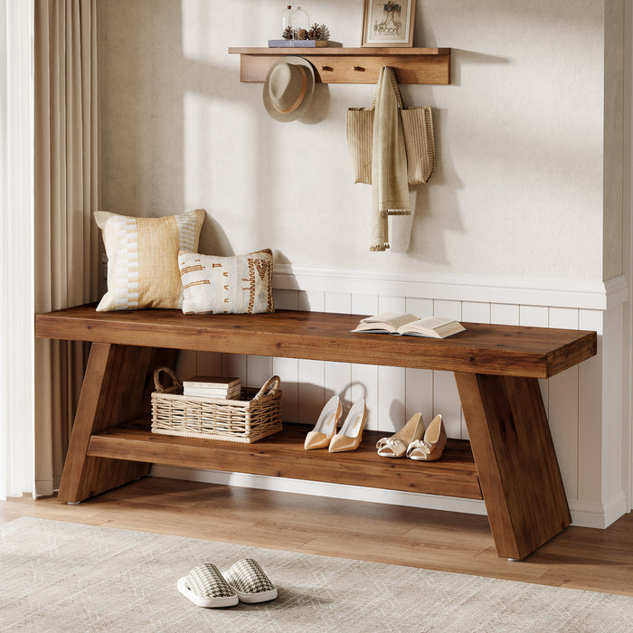 2-Tier Entryway Bench, Solid Wood Shoe Bench with Open Shelves