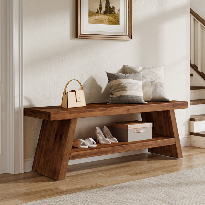 2-Tier Entryway Bench, Solid Wood Shoe Bench with Open Shelves