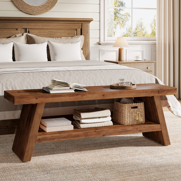 2-Tier Entryway Bench, Solid Wood Shoe Bench with Open Shelves