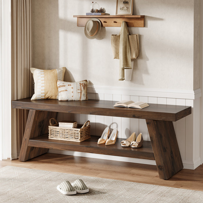 2-Tier Entryway Bench, Solid Wood Shoe Bench with Open Shelves