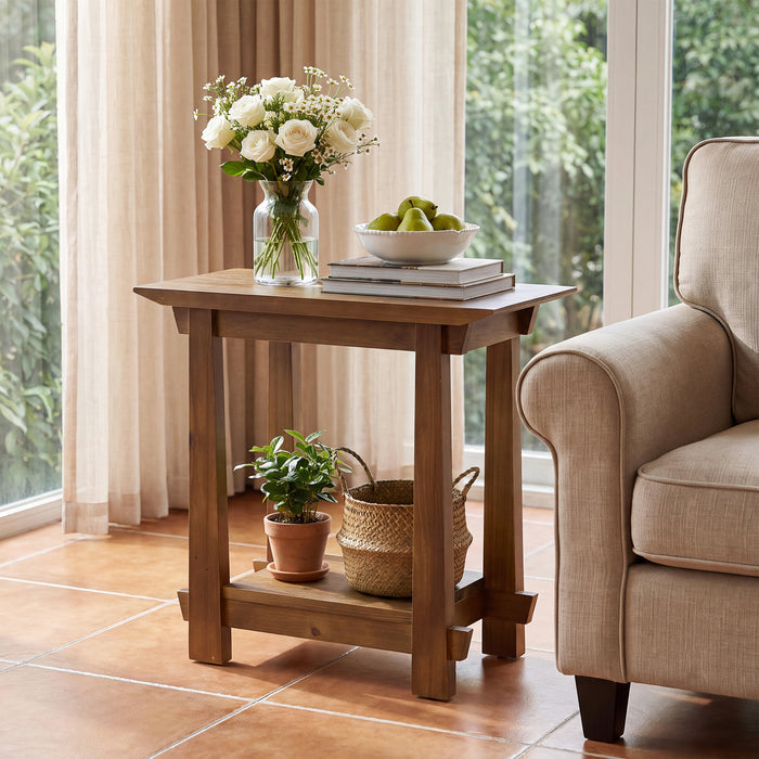 2-Tier Solid Wood End Table, Rectangle Sofa Side Table, Living Room Bedroom Nightstand