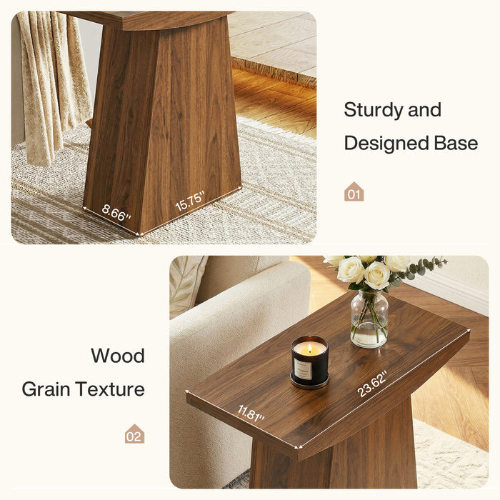 23.6" Pedestal End Table, Farmhouse Sofa Couch Side Table with Trapezoid Base