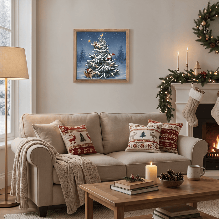 24x24 Inch Christmas Tree Wall Art, Large Framed Canvas with Crystal Coating, Modern Living Room