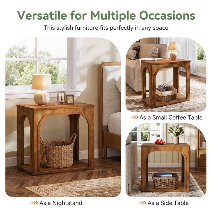 25" Farmhouse Side Table, 2-Tier Solid Wood End Table with Shelf