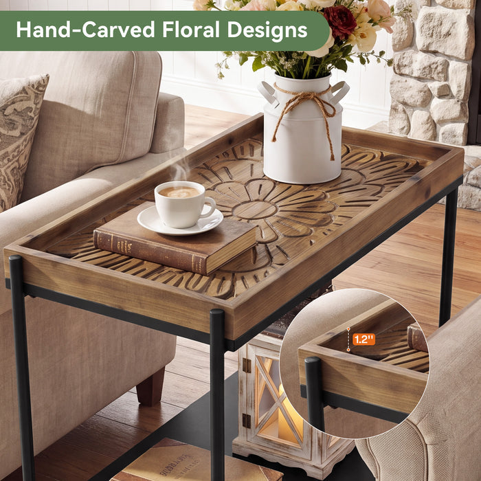 27.5" 2-Tier End Table with Storage Shelf, Solid Wood Side Table for Living Room