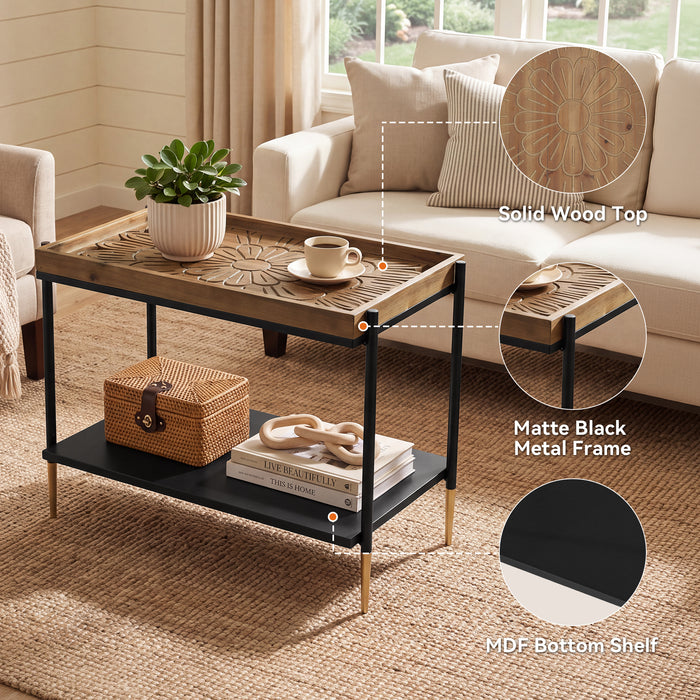 27.5" 2-Tier End Table with Storage Shelf, Solid Wood Side Table for Living Room