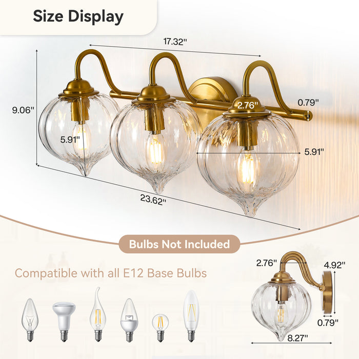 3-Light Bathroom Light Fixtures, Pumpkin Glass Vanity Light, Gold-Plated Metal