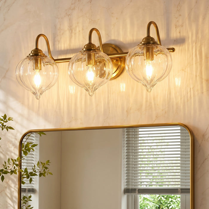 3-Light Bathroom Light Fixtures, Pumpkin Glass Vanity Light, Gold-Plated Metal