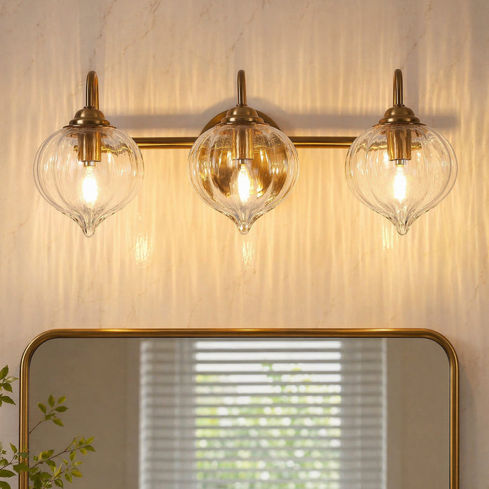3-Light Bathroom Light Fixtures, Pumpkin Glass Vanity Light, Gold-Plated Metal