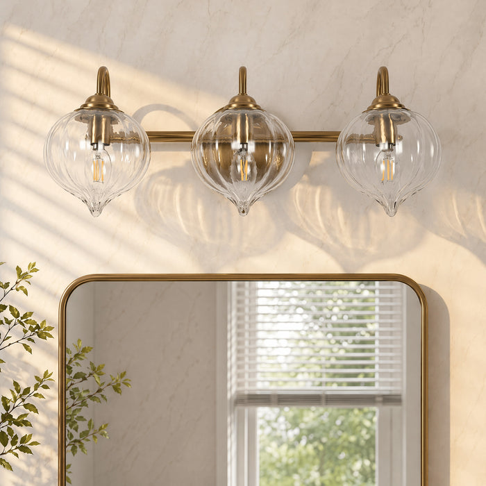 3-Light Bathroom Light Fixtures, Pumpkin Glass Vanity Light, Gold-Plated Metal