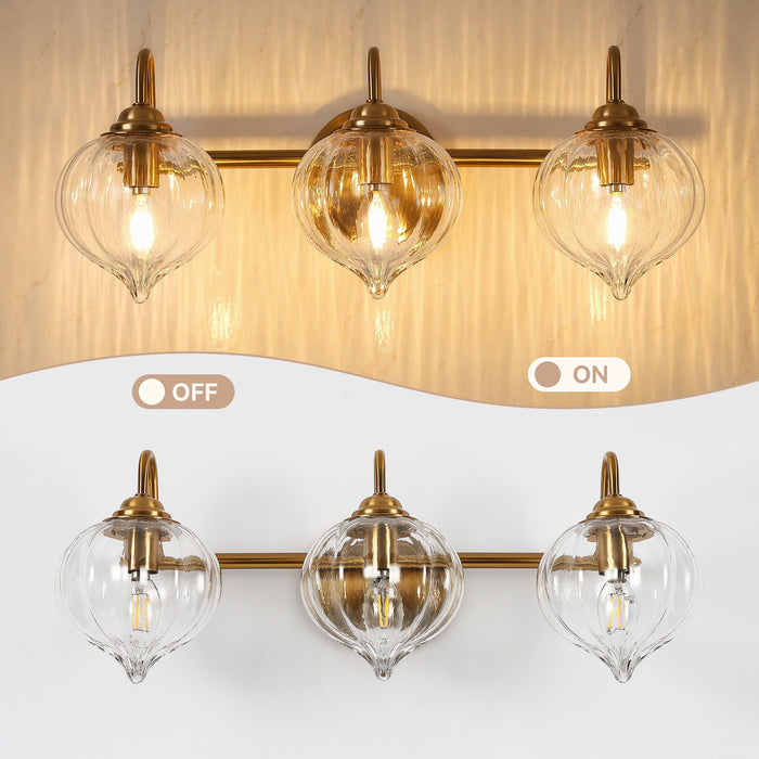 3-Light Bathroom Light Fixtures, Pumpkin Glass Vanity Light, Gold-Plated Metal