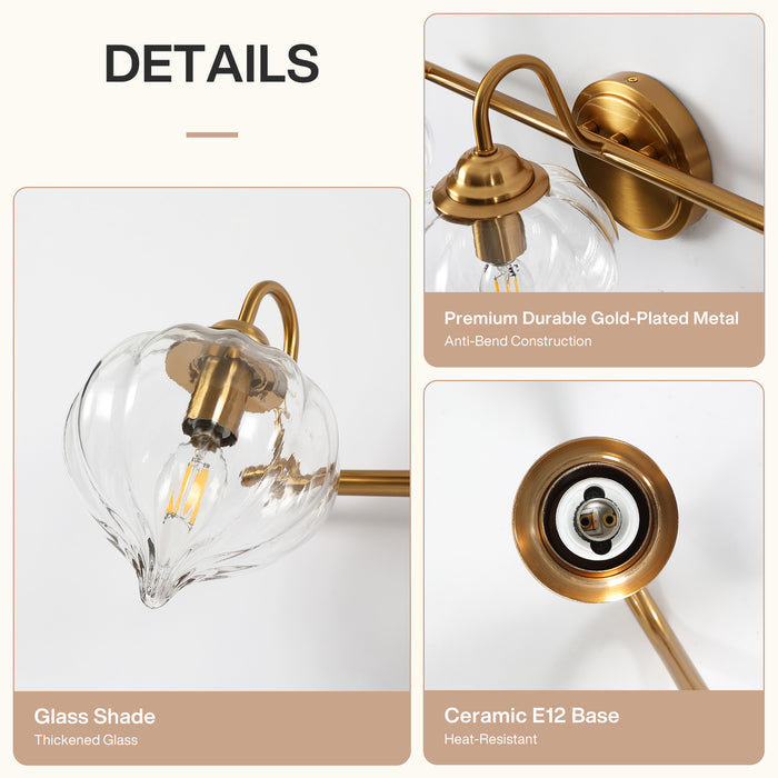 3-Light Bathroom Light Fixtures, Pumpkin Glass Vanity Light, Gold-Plated Metal