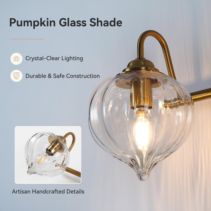 3-Light Bathroom Light Fixtures, Pumpkin Glass Vanity Light, Gold-Plated Metal