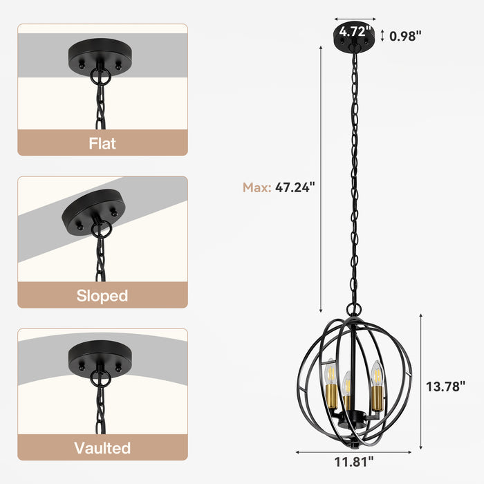3-Light Chandelier, Industrial Metal Globe Pendant Light with Adjustable Hanging Height