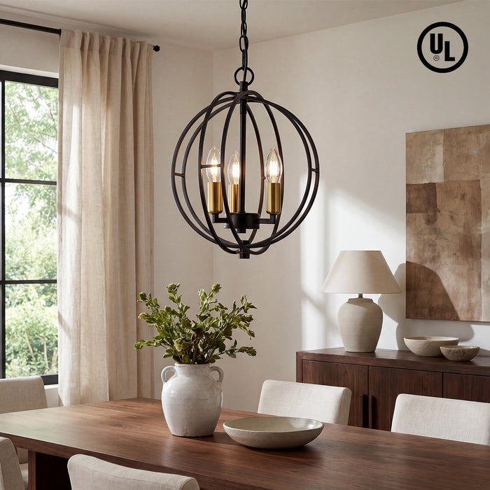 3-Light Chandelier, Industrial Metal Globe Pendant Light with Adjustable Hanging Height