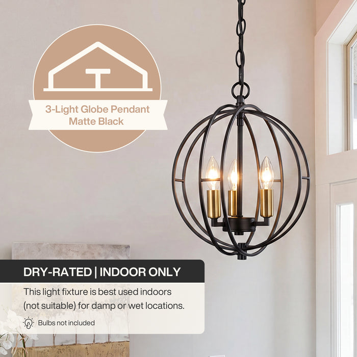 3-Light Chandelier, Industrial Metal Globe Pendant Light with Adjustable Hanging Height