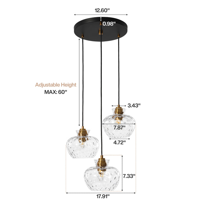 3-Light Pendant Lighting, Kitchen Ceiling Light Fixtures with Water Ripple Glass Shade