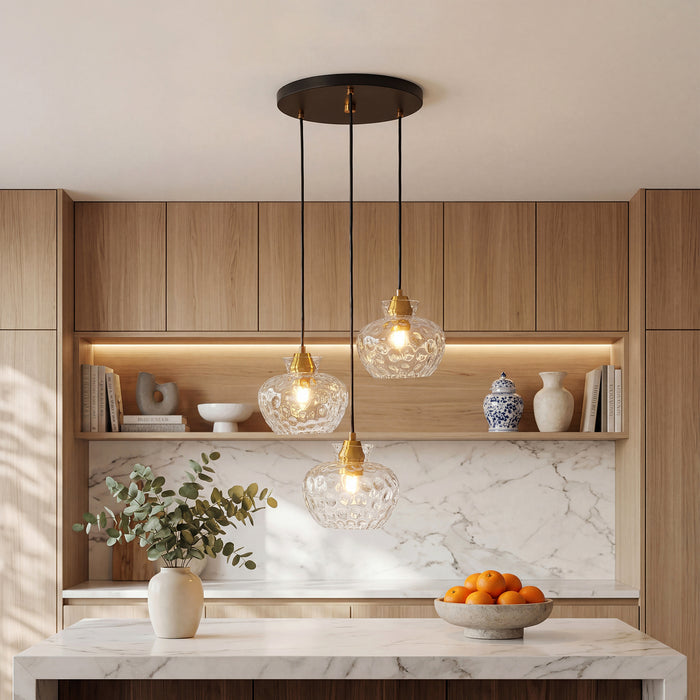 3-Light Pendant Lighting, Kitchen Ceiling Light Fixtures with Water Ripple Glass Shade