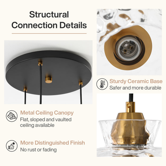 3-Light Pendant Lighting, Kitchen Ceiling Light Fixtures with Water Ripple Glass Shade
