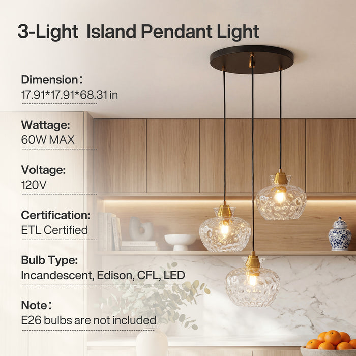 3-Light Pendant Lighting, Kitchen Ceiling Light Fixtures with Water Ripple Glass Shade