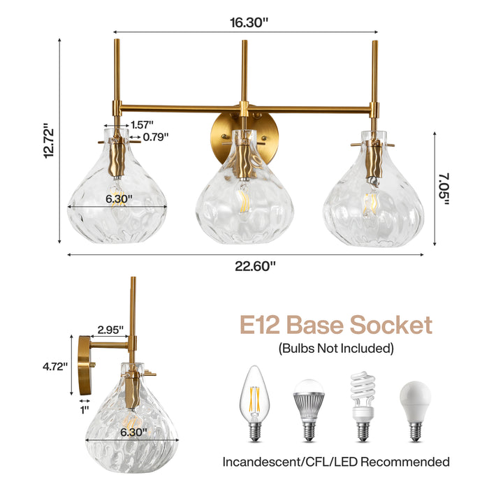 3-Light Vanity Light, Bathroom Light Fixtures with Water Ripple Glass Shades
