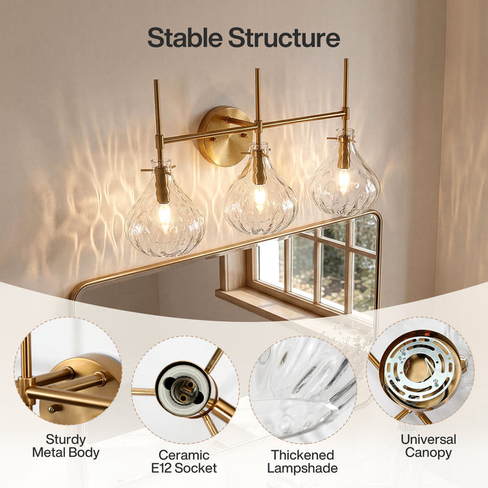 3-Light Vanity Light, Bathroom Light Fixtures with Water Ripple Glass Shades