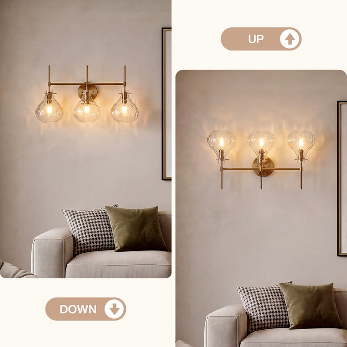 3-Light Vanity Light, Bathroom Light Fixtures with Water Ripple Glass Shades