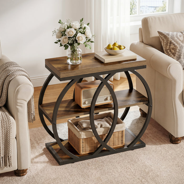 3-Tier Narrow End Table, Industrial Side Table with Metal Frame for Small Spaces