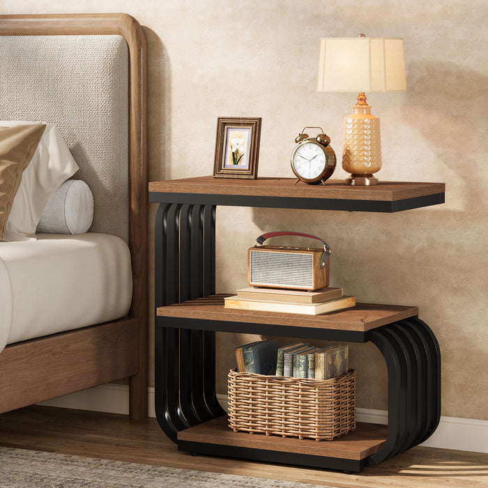 3-Tier Vintage Nightstand, Narrow Bedside Stand with Metal Frame