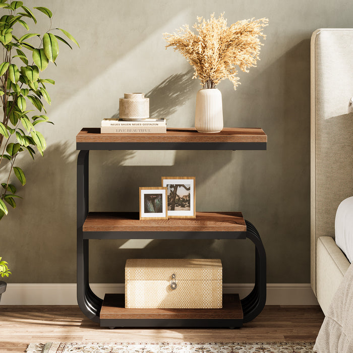 3-Tier Vintage Nightstand, Narrow Bedside Stand with Metal Frame
