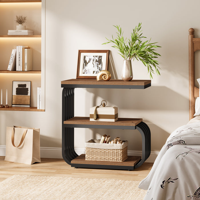 3-Tier Vintage Nightstand, Narrow Bedside Stand with Metal Frame