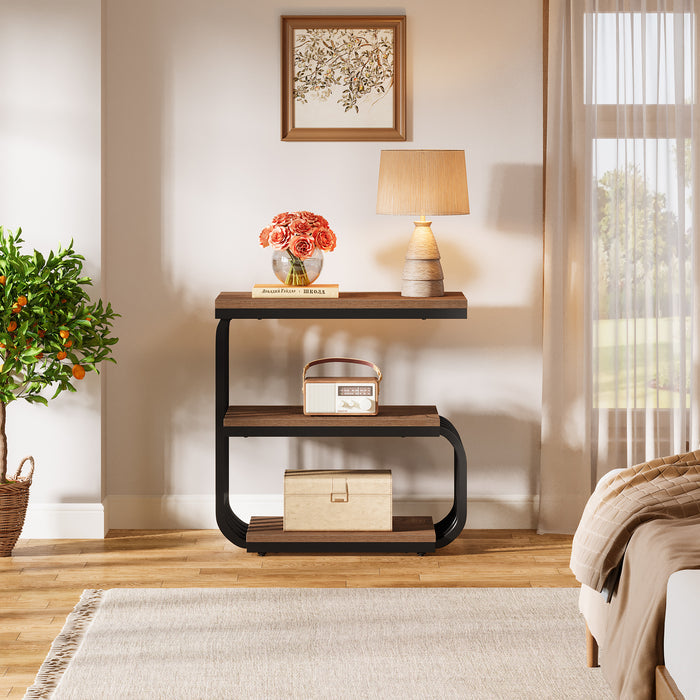 3-Tier Vintage Nightstand, Narrow Bedside Stand with Metal Frame