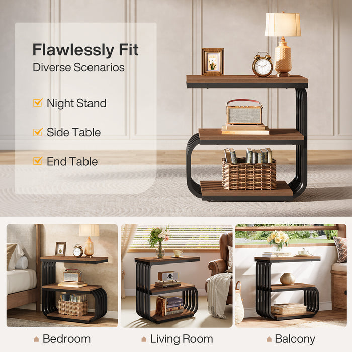 3-Tier Vintage Nightstand, Narrow Bedside Stand with Metal Frame