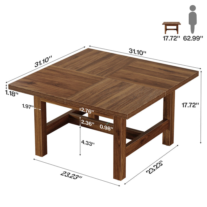 31" Square Coffee Table, Wooden Farmhouse Center Table with Sturdy Legs