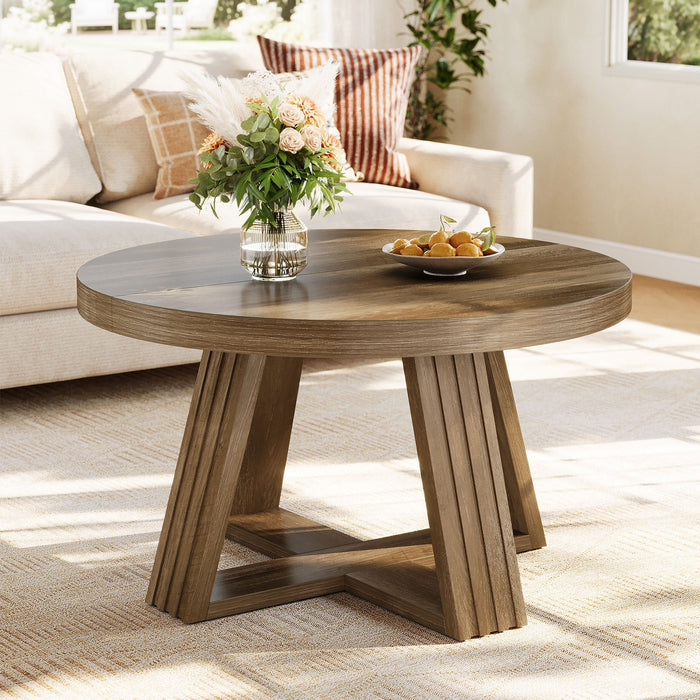 31.5" Round Coffee Table, Farmhouse Center Table with Solid Tabletop for Living Room