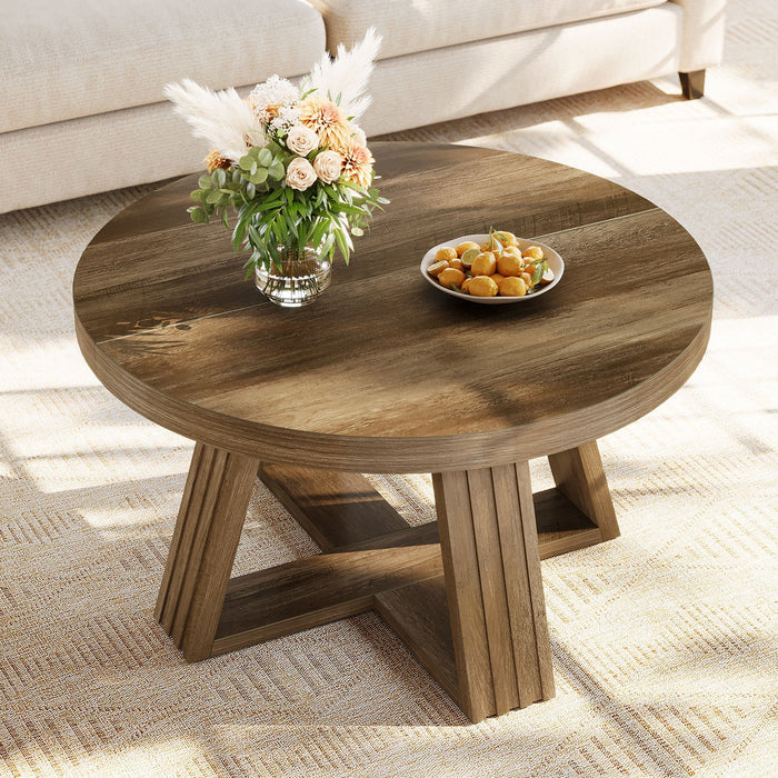 31.5" Round Coffee Table, Farmhouse Center Table with Solid Tabletop for Living Room