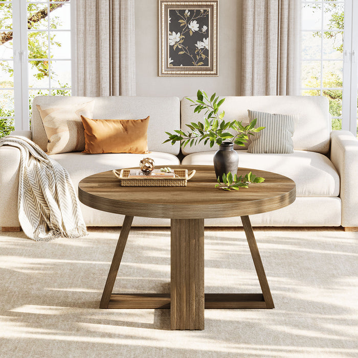 31.5" Round Coffee Table, Farmhouse Center Table with Solid Tabletop for Living Room