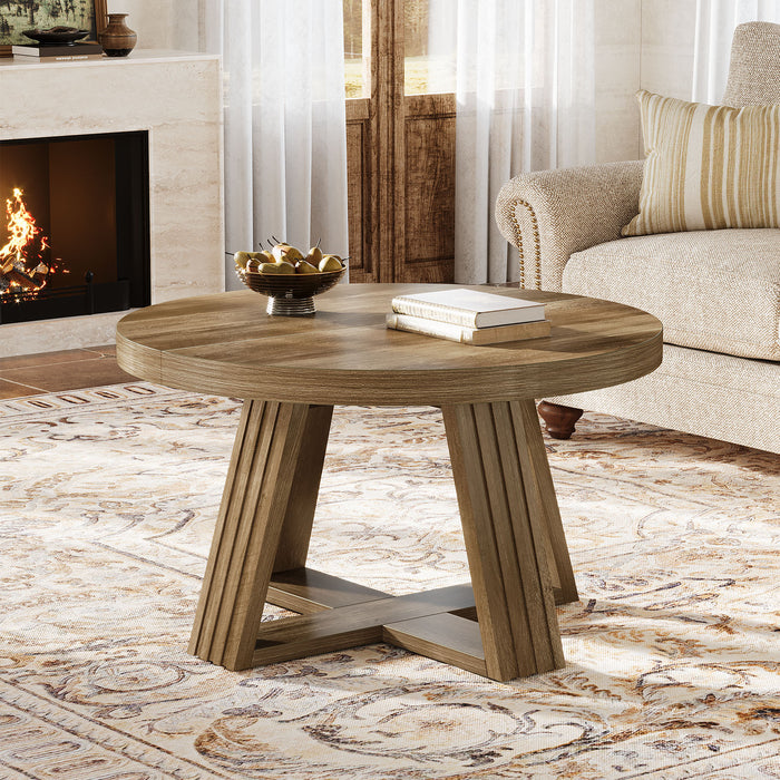 31.5" Round Coffee Table, Farmhouse Center Table with Solid Tabletop for Living Room