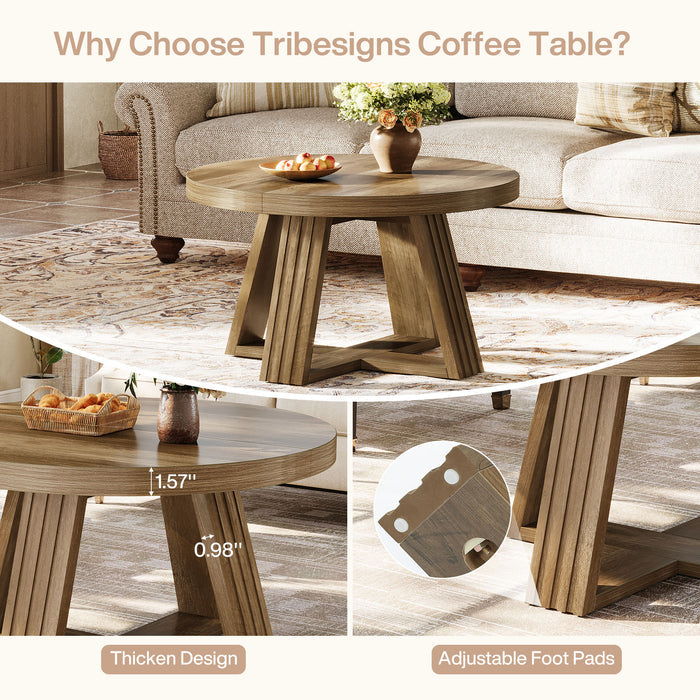 31.5" Round Coffee Table, Farmhouse Center Table with Solid Tabletop for Living Room