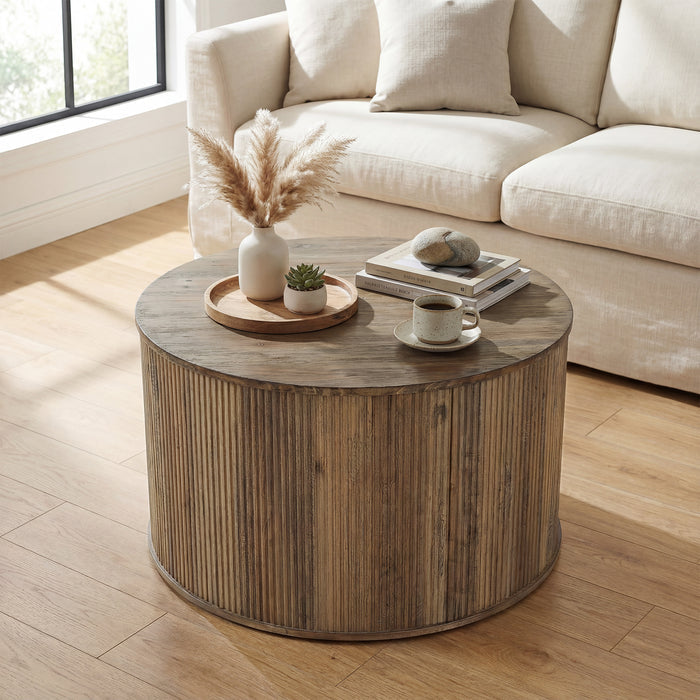 31.5" Round Coffee Table with Fluted Drum Base